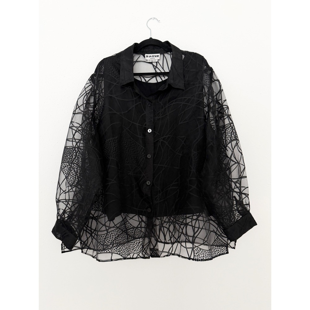 Vintage Black Sheer Abstract Button Up Blouse Whimsigoth Witchy Fairy Grunge 24W
